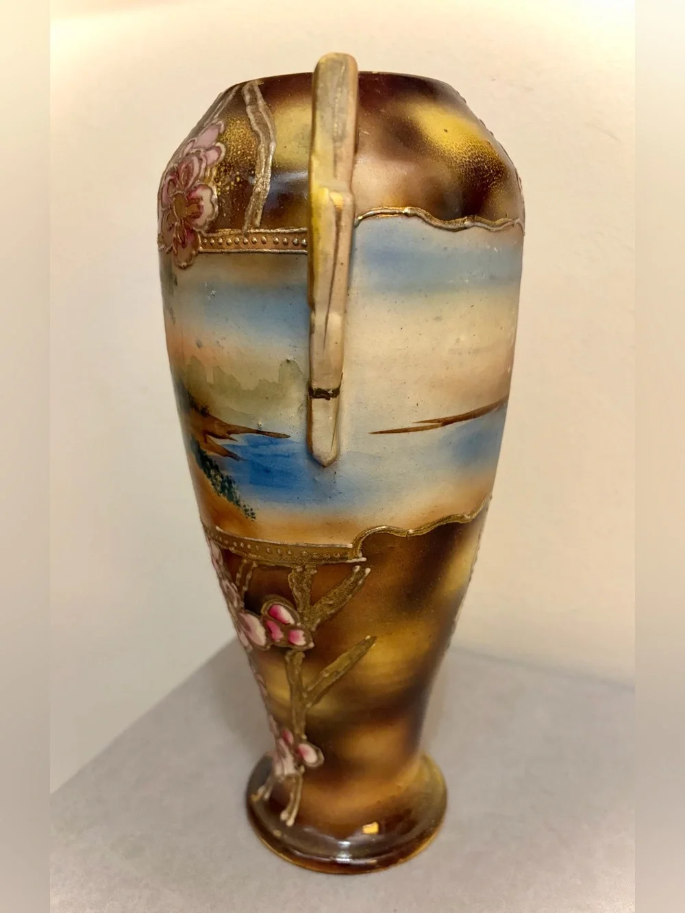 Japanese Nippon-Style Urn, Exquisite Moriage Florals & Landscape Antique 10 inch